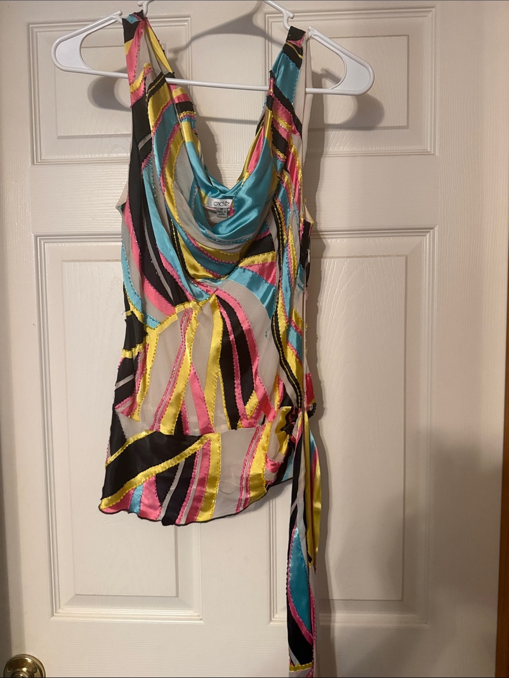 Coco + Carmen Striped Satin Cowl-Neck Tank in Pink, Blue, Yellow & Black